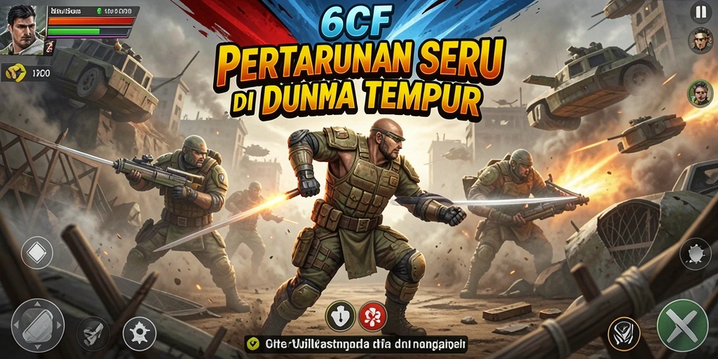 Screenshot utama 6CF menampilkan karakter bertarung di arena yang dinamis.