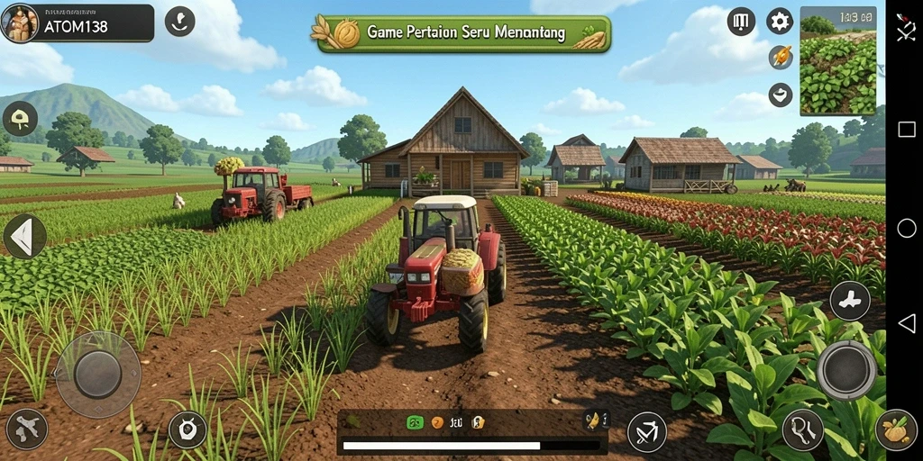 Screenshot utama ATOM138 menampilkan pemain sedang berkebun dan merawat ladang.