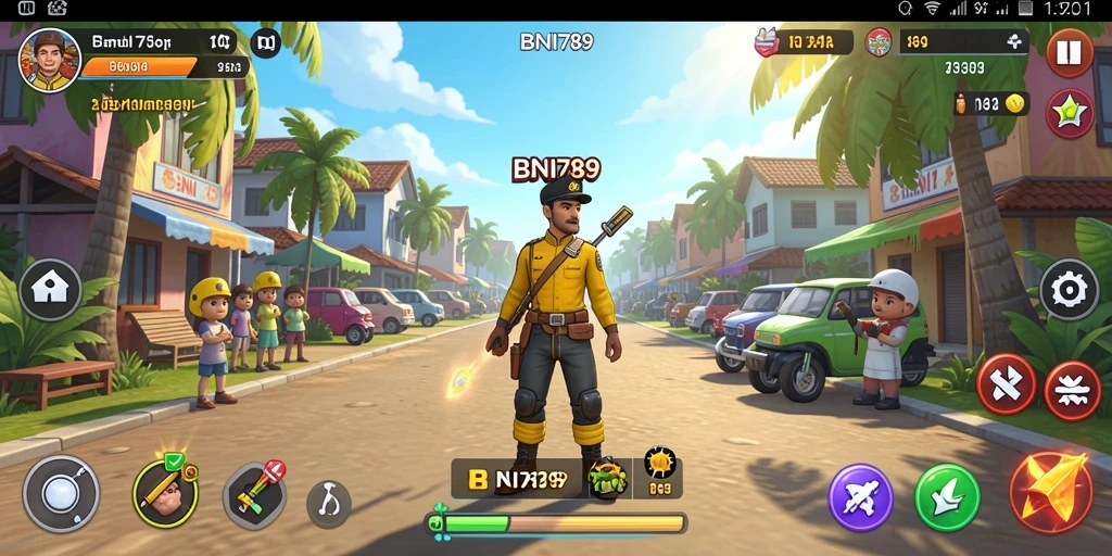 Screenshot BNI789 menunjukkan karakter yang berinteraksi dalam lingkungan simulasi.
