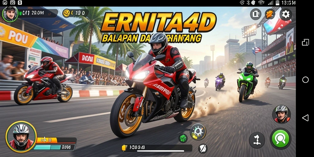 Screenshot gameplay ERNITA4D menunjukkan aksi balapan motor yang mendebarkan.
