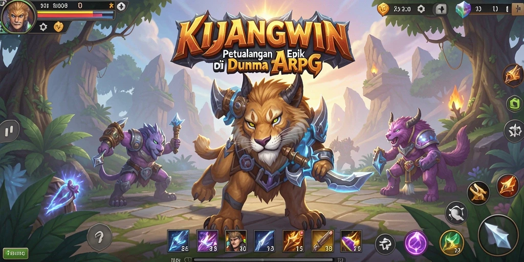 Screenshot gameplay KIJANGWIN menunjukkan pertarungan epik dan dunia yang menarik.