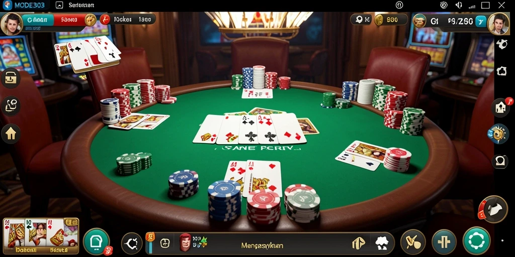 Screenshot gameplay <strong>MODE303</strong> menunjukkan suasana permainan poker yang intens.