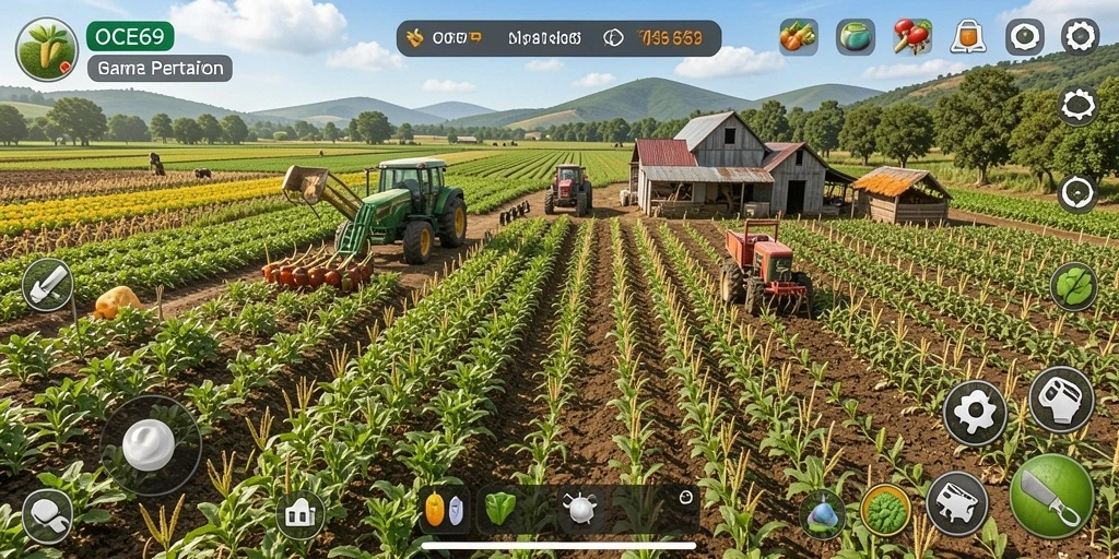 Screenshot OCE69 menampilkan kebun penuh dengan tanaman hijau subur dan hewan ternak.