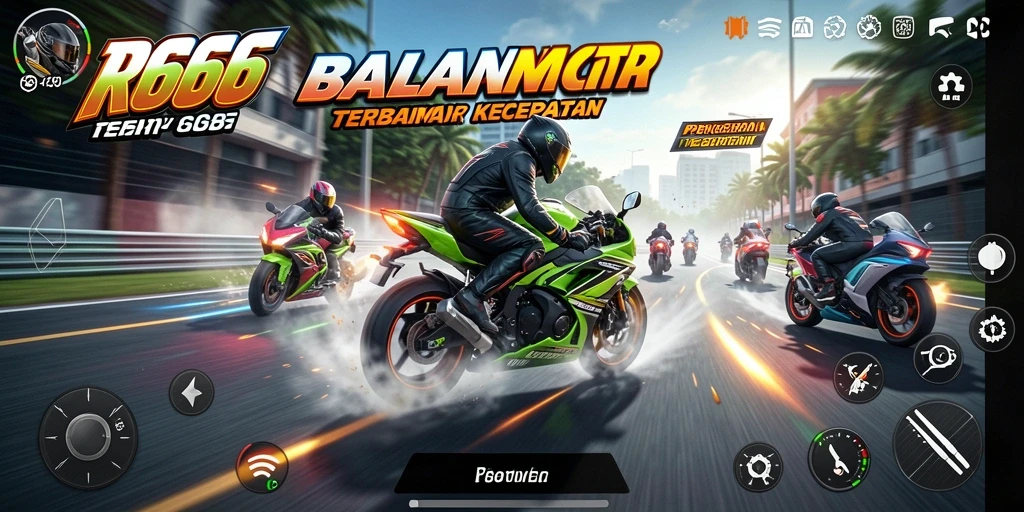Tampilan utama gameplay RR666 menampilkan aksi balapan motor yang mendebarkan.